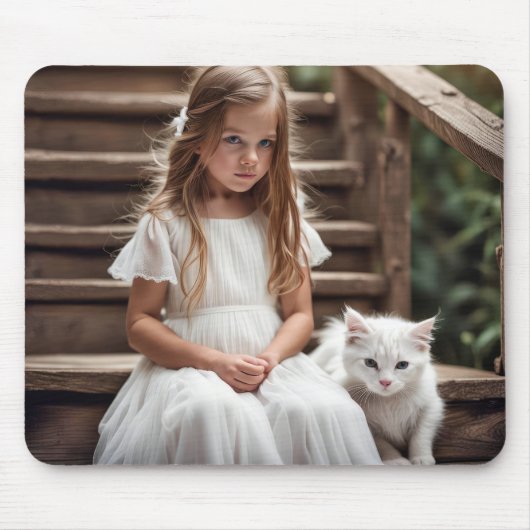 Tapis De Souris Petite Fille Avec Chat Blanc (Devant)