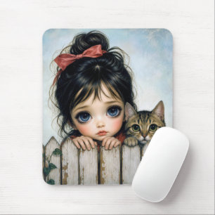 Tapis De Souris Petite Fille avec Grands Yeux et Chat de Compagnie