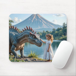 Tapis De Souris Petite Fille Caressant un Dinosaure