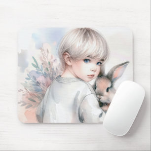 Tapis De Souris Petite fille tenant un lapin