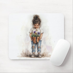 Tapis De Souris Petite Fille Tenant un Pot de Fleurs Cassé