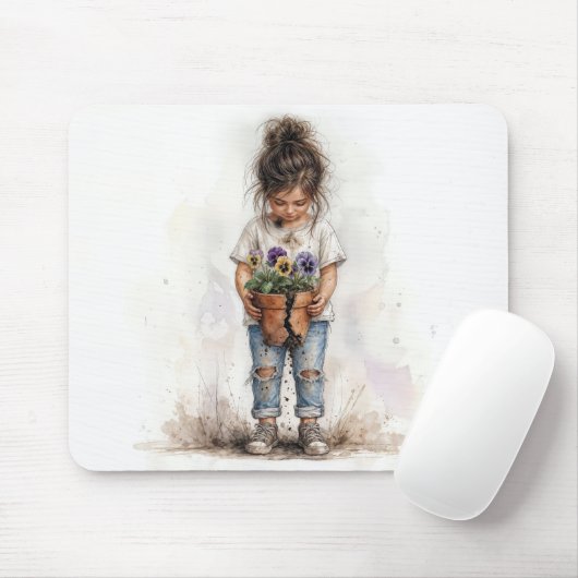 Tapis De Souris Petite Fille Tenant un Pot de Fleurs Cassé (Avec souris)