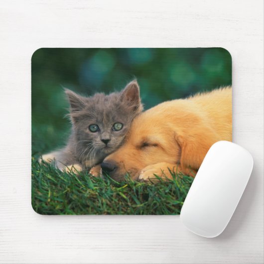 Tapis De Souris Petits chaton et chiot mignons ensemble (Avec souris)