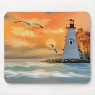 Tapis De Souris Phare au coucher de soleil océanique et mouettes