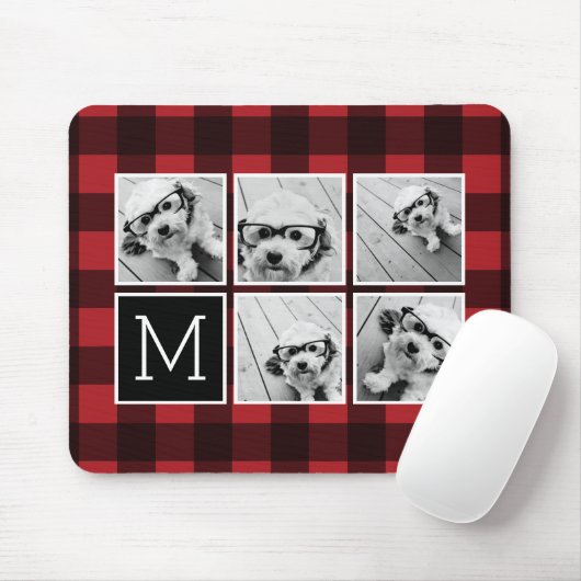 Tapis De Souris Photo Collage - Monogramme Rouge Buffle Noir Plaid (Avec souris)