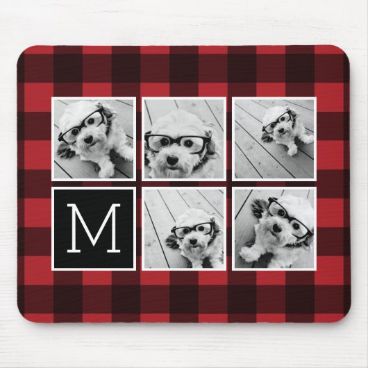 Tapis De Souris Photo Collage - Monogramme Rouge Buffle Noir Plaid (Devant)