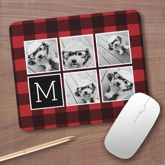 Tapis De Souris Photo Collage - Monogramme Rouge Buffle Noir Plaid
