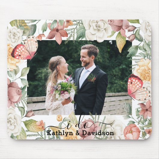 Tapis De Souris Photo Rustique Mariage Floral Papillon rose Je fai (Devant)