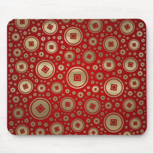 Tapis De Souris Pièces chinoises Lucky Gold motif sur rouge
