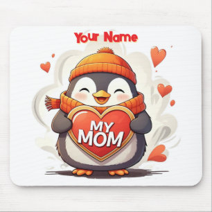 Tapis De Souris Pingouin souriant tenant signe cardiaque MA MÈRE