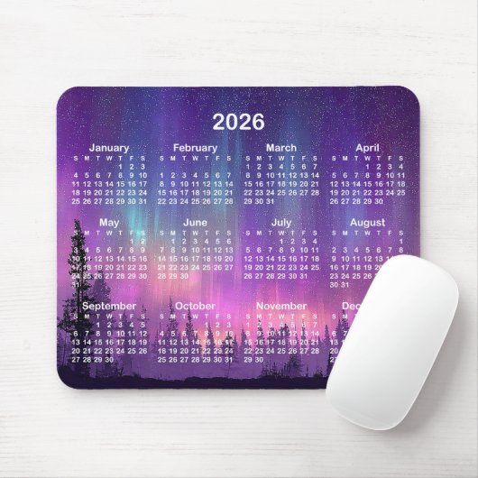 Tapis De Souris Pink and Purple Northern Lights 2026 Calendar (Avec souris)