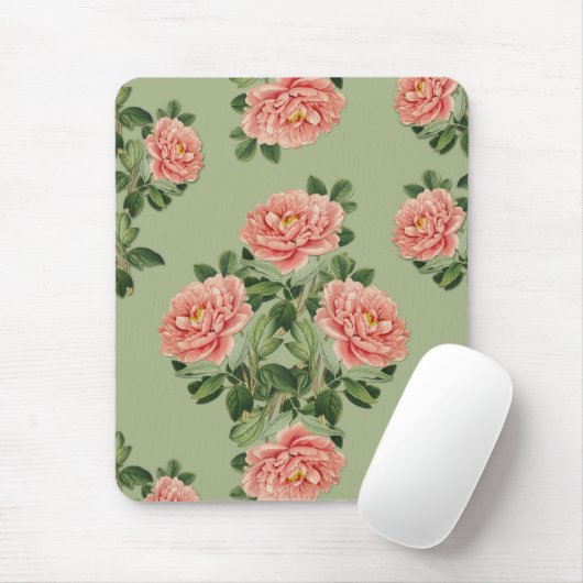 Tapis De Souris Pink Floral Pattern on Green Background | Seamless (Avec souris)