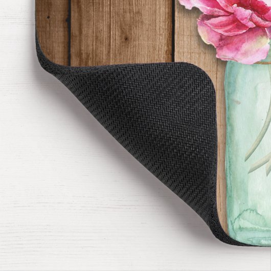 Tapis De Souris Pink String Lights & Mason Jar Flowers Rustic Wood (Coin)