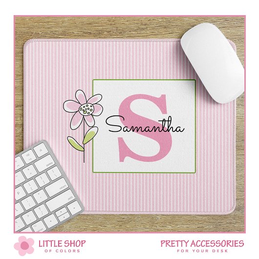 Tapis De Souris Pink Stripes Floral Monogramme
