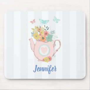 Tapis De Souris Pink Teapot with Flowers & Butterflies