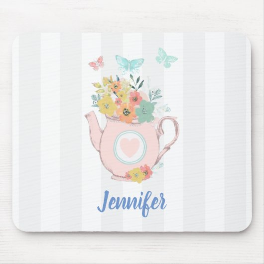 Tapis De Souris Pink Teapot with Flowers & Butterflies (Devant)