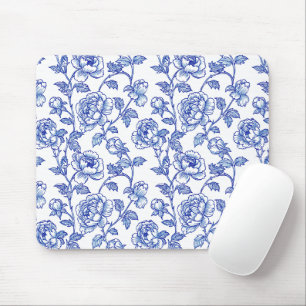 Tapis De Souris Pivoine rose de chinoiserie bleue et blanche