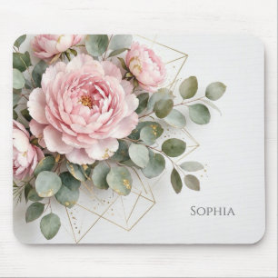 Tapis De Souris Pivoine Rose Élégante Géométrique Or Nom Personnal