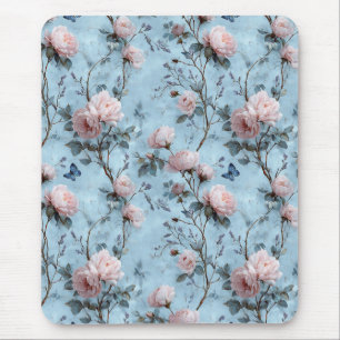 Tapis De Souris Pivoines de printemps vintage sur fond bleu
