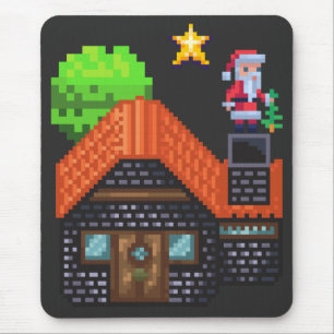 Tapis De Souris Pixel Art Père Noël sur le toit Maison de Noël
