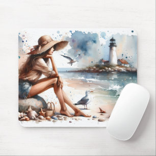 Tapis De Souris Plage côtière fille et phare