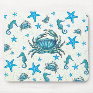 Tapis De Souris Plage moderne Crabe Bleu Starfish Horloge