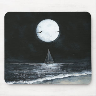 Tapis De Souris Plage océanique sous pleine lune nuit sombre