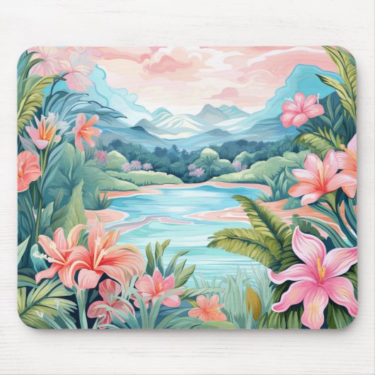 Tapis De Souris Plage Tropical Island Jungle Mountains Floral (Devant)