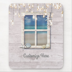 Tapis De Souris Plage Tropicale Fenêtre Bois Blanc Élégant Chic