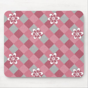 Tapis De Souris Plaid gris et rose avec fleurs camomilaires