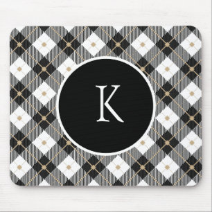 Tapis De Souris Plaid noir blanc or personnalisé avec monogramme