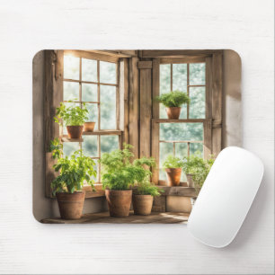 Tapis De Souris Plantes en pot dans une fenêtre ensoleillée de fer