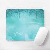 Tapis De Souris Pluie de Parties scintillant turquoise sur marbre  (Avec souris)