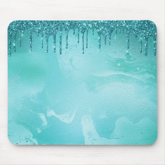 Tapis De Souris Pluie de Parties scintillant turquoise sur marbre  (Devant)