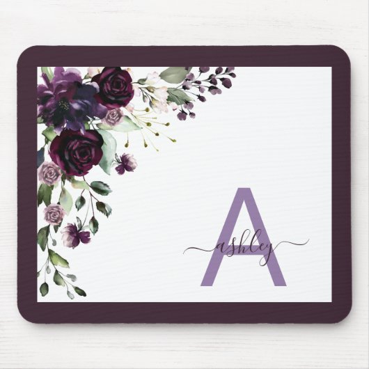 Tapis De Souris Plum Purple Floral Nom du script Monogramme initia (Devant)