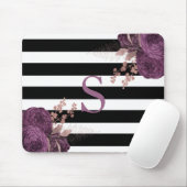 Tapis De Souris Plum Rose or Floral Monogramme noir blanc rayures (Avec souris)