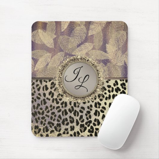 Tapis De Souris Plumes chic avec Monogramme Empreinte de léopard (Avec souris)