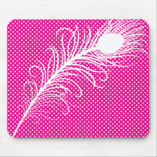 Tapis De Souris Plumes et Pois de paon - Rose & Blanc