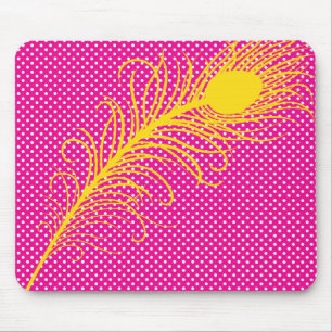 Tapis De Souris Plumes et Pois de paon - rose et jaune