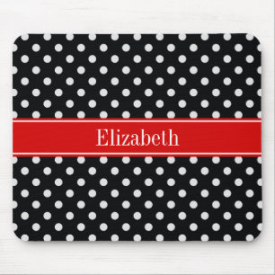 Tapis De Souris Points noirs et blancs Monogramme nom rouge
