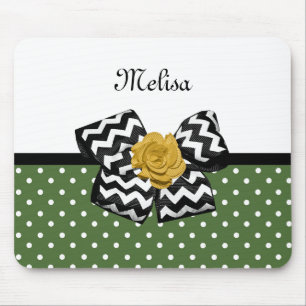 Tapis De Souris Points verts mignons Rose jaune Chevron Bow et nom