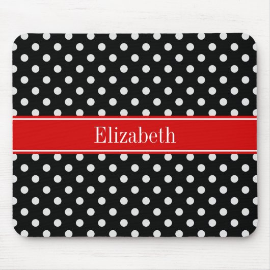 Tapis De Souris Pois noirs et blancs Nom rouge Monogramme (Devant)