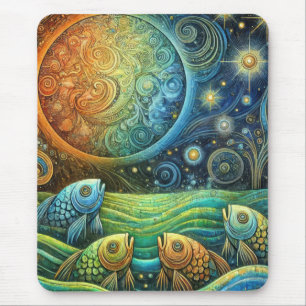 Tapis De Souris Poisson Cosmique et Vagues Océaniques Vibrantes so