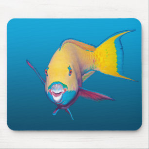 Tapis De Souris Poisson-perroquet Gros plan ! Arrière - plan bleu 