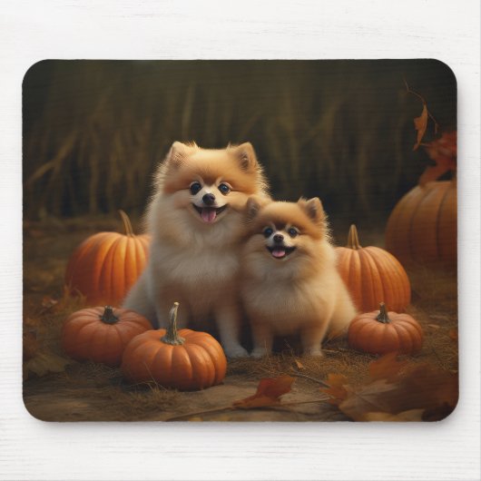 Tapis De Souris Poméranien Chiot Automne Citrouille délice (Devant)