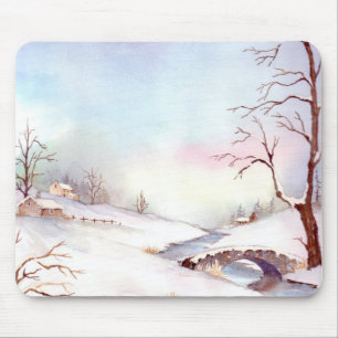 Tapis De Souris Pont Snowy Aquarelle Paysage Peinture