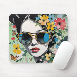 Tapis De Souris Pop Art Visage de femme floral avec papillons