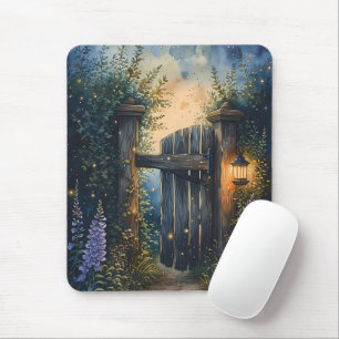 Tapis De Souris Porte de jardin enchanté sous un ciel de lucioles