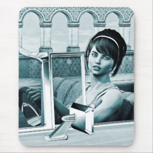 Tapis De Souris Portrait d'art de femme glamour bleu vintage