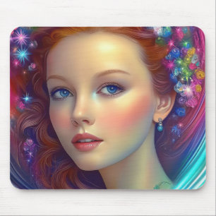 Tapis De Souris Portrait de cheveux arc-en-ciel enchanté
